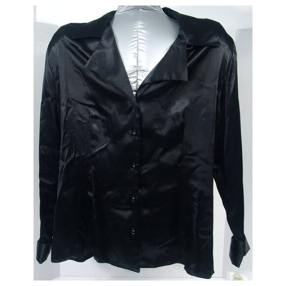NWT Dressy Classic Black Satin Blouse 3X Button-Down Long Sleeve Cuff Time-Out - Picture 2 of 8